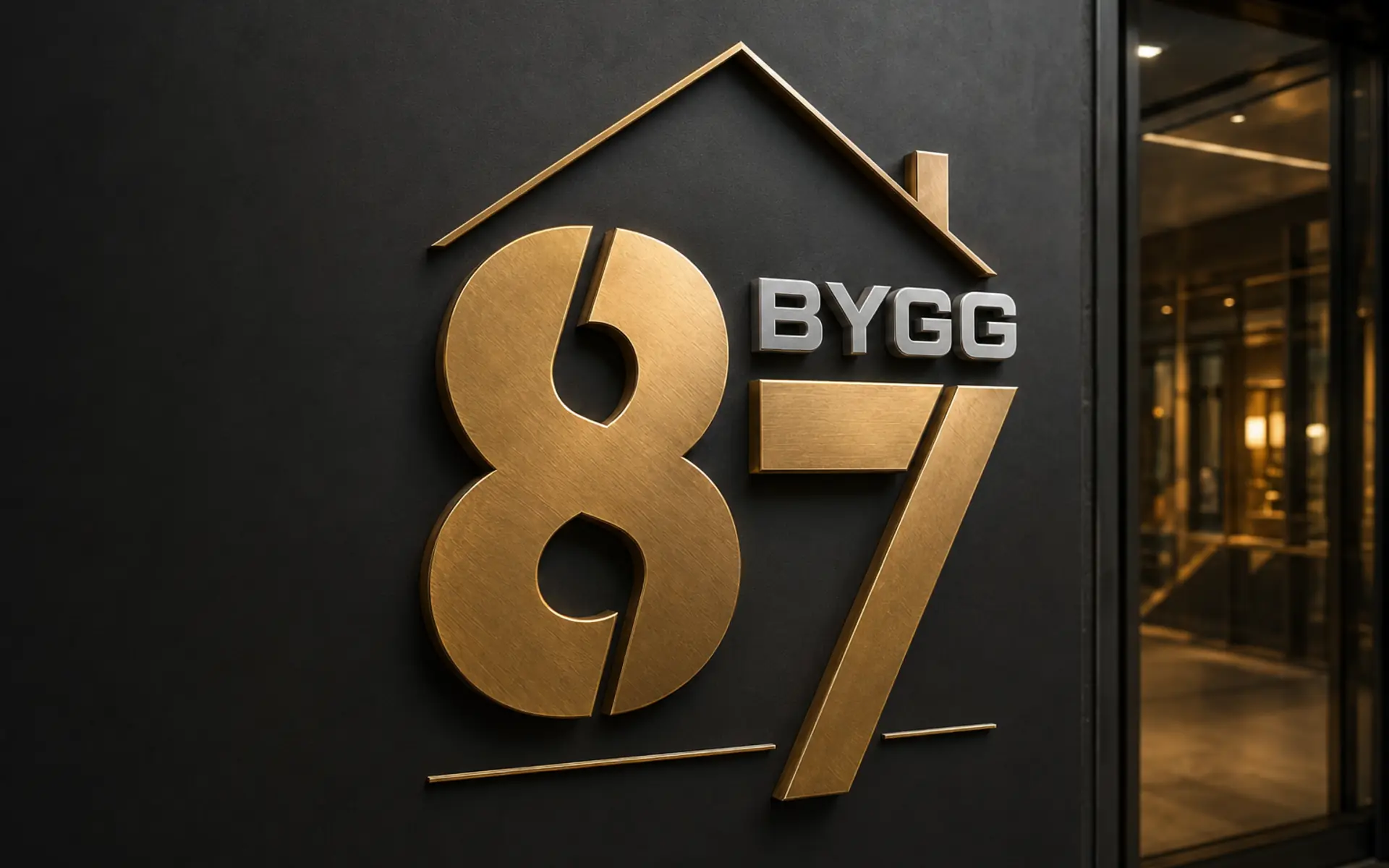 87 Byggs logo monteret på mørk væg